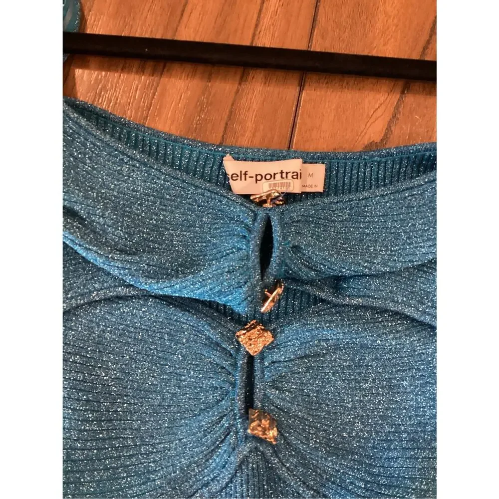 SELF PORTRAIT Blue Lurex Knit long sleeve cut out Midi Dress M